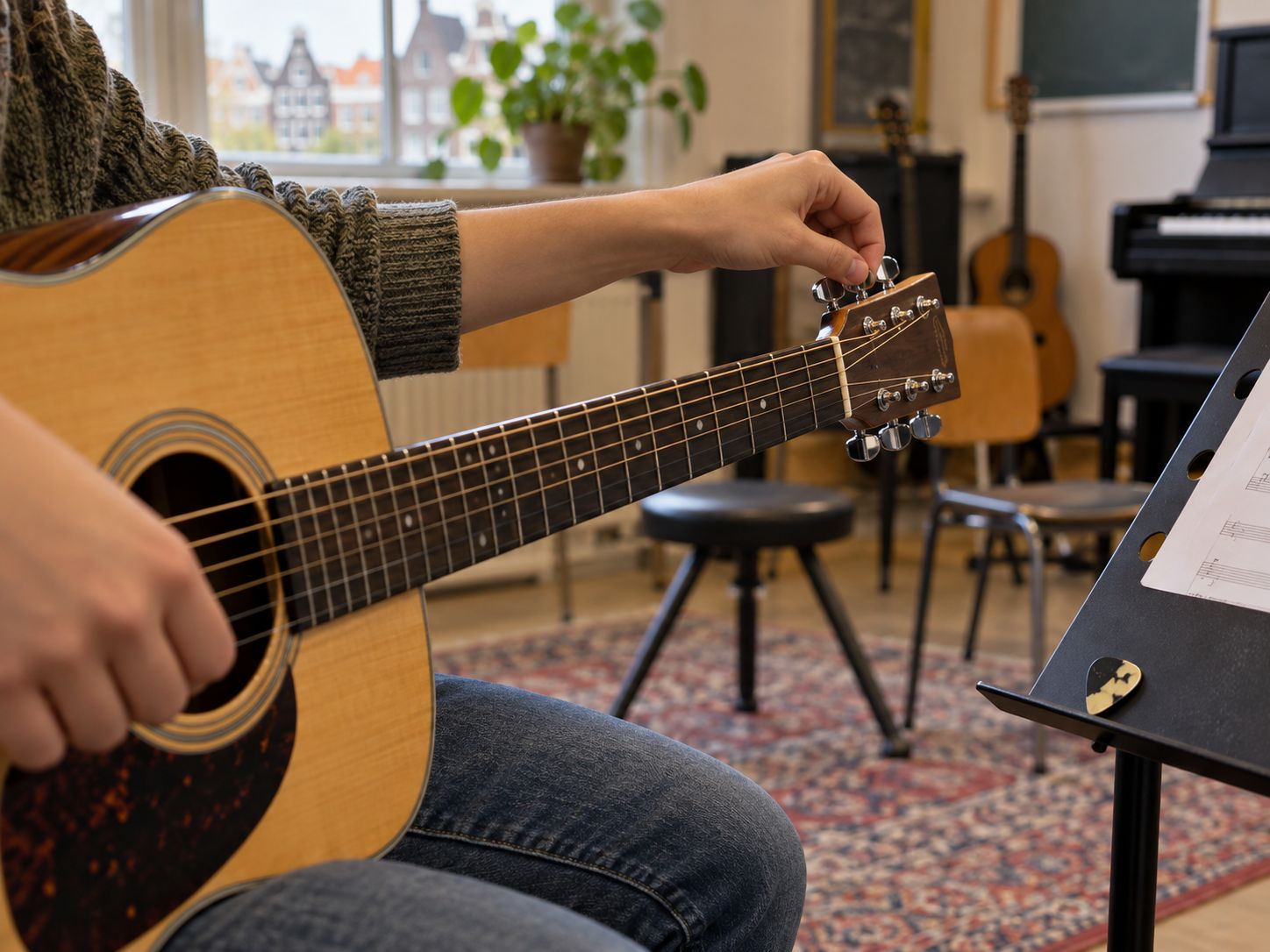 een kind of jonge leerling oefent rustig op gitaar, met de aandacht op de handen en snaren. De Wegenpick is zichtbaar maar niet nadrukkelijk in beeld. Gebruik een echte, toegestane foto en voeg beschrijvende alt-tekst toe