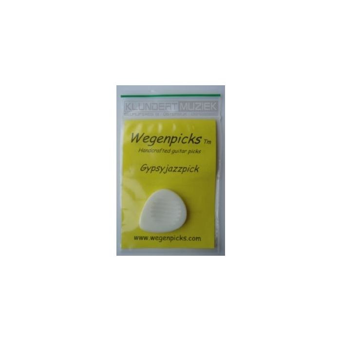 Real product photograph of the Gypsyjazzpick with its Wegenpicks packaging